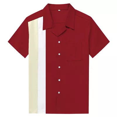 Buy Maroon Splicing Panel Beer Shirt Casual Bowling Shirts Rockabilly Mens Clothing  • 17.87£