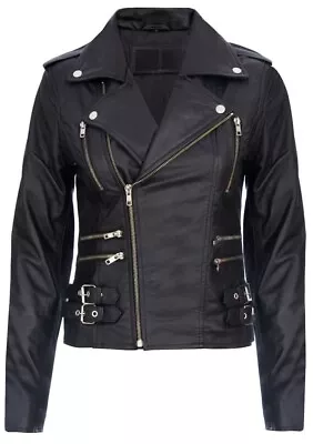 Buy Women's Black Retro 100% Nappa Real Leather Biker Jacket Soft Multi Zip Coat • 34.99£