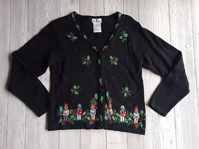 Buy BP Designs Womans Med Black Sweater Embroidered Nutcracker & Holly Christmas • 16.06£