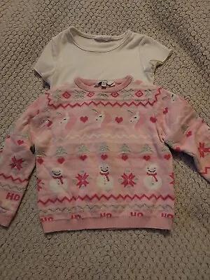 Buy Pink Christmas Unicorn Jumper & White T-shirt Size 2-3 Years • 3.80£