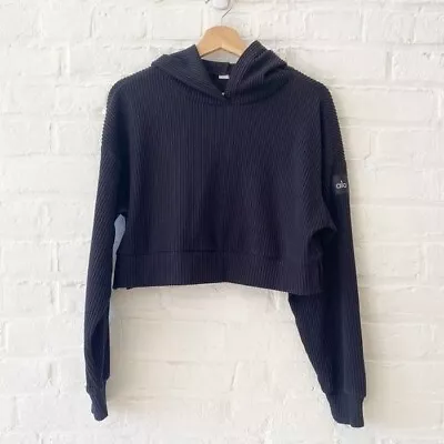 Buy ALO Yoga || Muse Hoodie Cropped Ribbed Sweatshirt Black • 55.61£