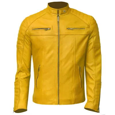 Buy Men's Genuine Lambskin Leather Motorcycle Biker Stylish Slim Fit Yellow Jacket • 120£
