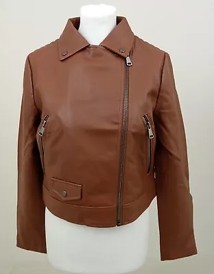 Buy Gemo Women's Biker Jacket Brown Faux Leather Cropped Zipped Pockets New F1 • 14.99£