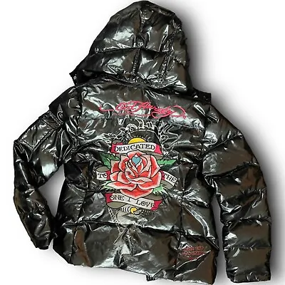 Buy Ed Hardy Christian Audiguer Puffer Womens Jacket VTG RARE Down Skull Rose Y2k XL • 76.85£
