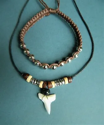 Buy Real 1cm Shark Tooth Necklace + Bracelet Unique Jewellery Gift Set Boys Mens  • 9.99£