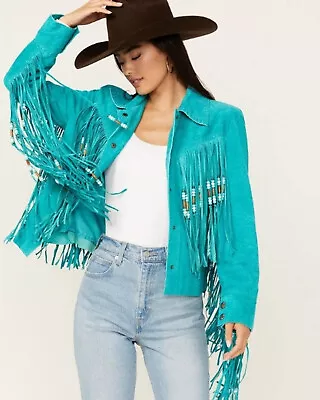 Buy Western Womens Native American Real Suede Leather Jacket Fringes & Beaded Work • 80.80£