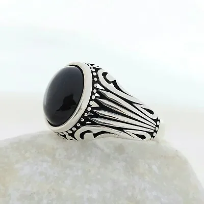 Buy 925 Sterling Silver Handmade Men's Ring With Round Shape Black Onyx Stone • 52.05£