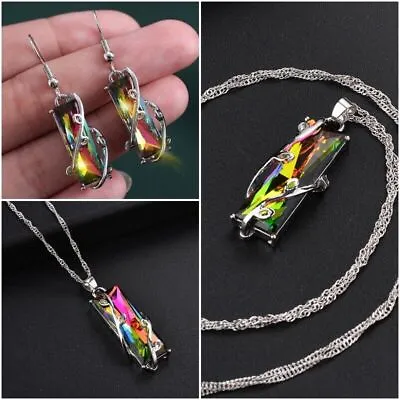 Buy 925 Silver Mystic Topaz Rainbow Pendant Chocker Necklace Earrings Jewelry Gifts • 3.77£