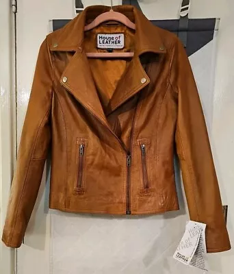 Buy  HOUSE Of LEATHER💋 Caramel Leather Designer Biker Jacket Size 10 Brand New&Tag  • 49.99£