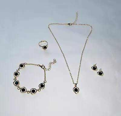 Buy Ex-display Costume Jewellery Set Black Gem Heart Necklace Earrings Bracelet Ring • 5£