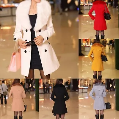 Buy Women's Winter Long Wool Jacket With Fur Collar And Belted Outwear For Elegance • 31.88£