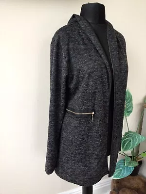 Buy Izabel London Grey Black Mix Hooded Faux Leather Trim Open Jacket Size 10 New • 7.99£