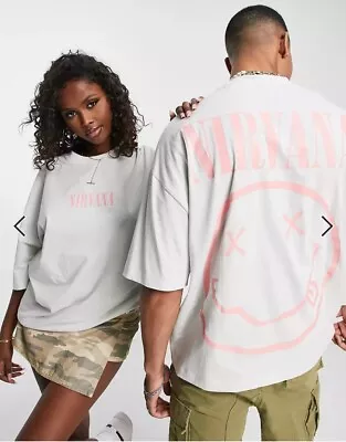 Buy ASOS Design Unisex Oversized Grey Pink Nirvana Band Tee T-shirt Top Loungewear L • 15£