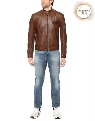 Buy RRP€750 CRUCIANI Leather Racer Jacket IT50 US40 L Lined Mandarin Collar • 2.20£