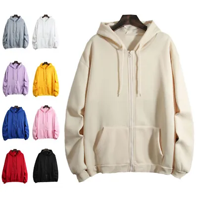 Buy Women Long Sleeve Plain Hoodie Tops Ladies Casual Baggy Zip Up Hooded Sweatshirt • 12.99£
