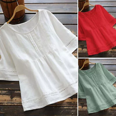 Buy Women Cotton Linen Tunic Top Shirt Summer Casual Baggy Plain Blouse Plus Size 20 • 12.09£