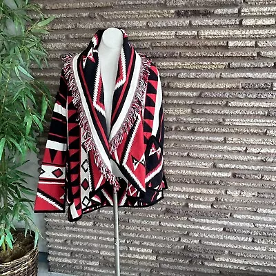 Buy Vintage 90s Aztec Red And Black Reversible Tapestry Fringe Blanket Jacket • 179.53£