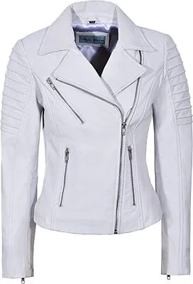 Buy Meghan Ladies Biker Fashion Designer Casual Style White Soft Real Leather Jacket • 109.90£