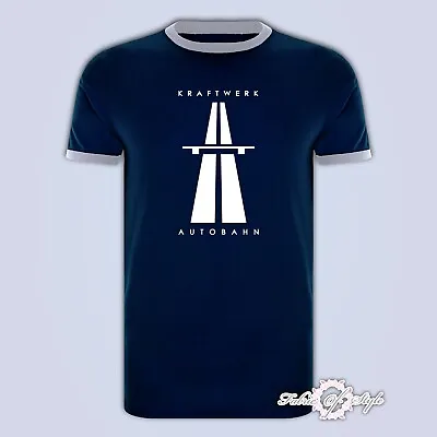 Buy KRAFTWERK Tribute  AUTOBAHN RETRO TECHNO Mens T-shirt Ringer Navy • 12.95£