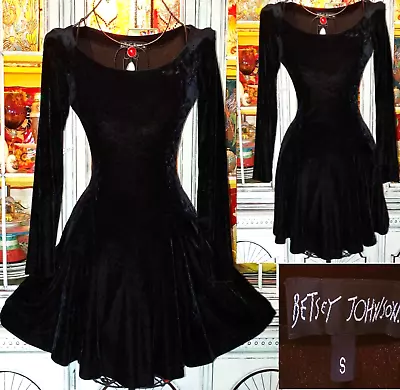 Buy Vintage Betsey Johnson 90s Y2K Black Stretch Crushed Velvet Skater Dress Small • 142.08£