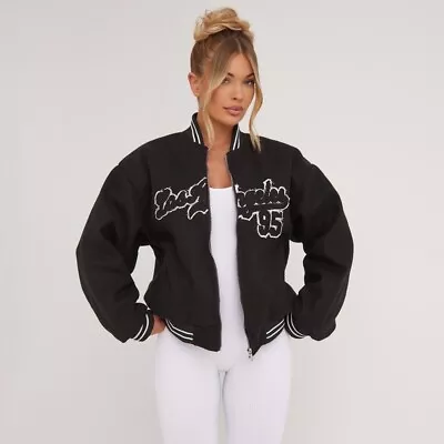 Buy Ego Distressed Los Angeles Slogan Detail Oversized Varsity Jacket In Black UK 8 • 19.99£