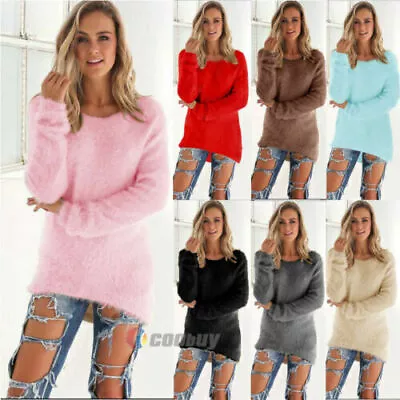 Buy Women Fluffy Long Sleeve Sweater Jumper Pullover Crew Neck Tops Winter Knitwear • 8.27£