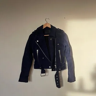 Buy BLANKNYC 100% Leather Suede Blue Cropped Moto Biker Jacket Size XS • 60£