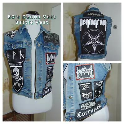 Buy VTG Women's Death Heavy Metal Custom Patched Battle Denim Blue Vest Pentagram L • 165.37£
