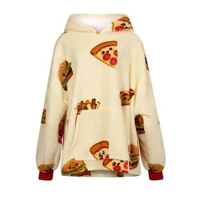 Buy Oversized Sherpa Fleece Loungewear Hoodie Wearable Blanket - PIZZA BURGER CHIPS • 17.99£
