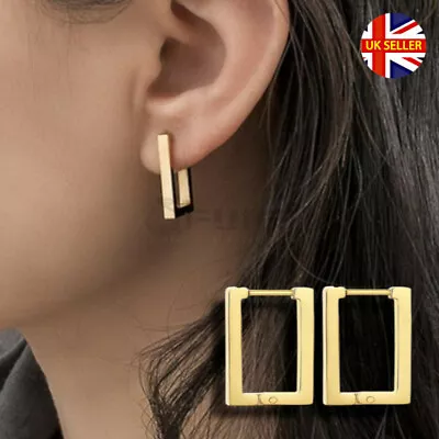 Buy Gold Plated Surgical Steel Rectangle Square Hinged Huggie Hoop Earrings Jewelry • 3.99£