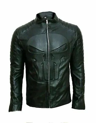 Buy Mens Smart Black Punisher Skull Embossed Emblem  Real Leather Jacket • 79£