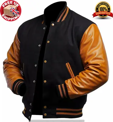 Buy Letterman Baseball Bomber Black Wool  Brown Leather Sleeve Varsity Jacket • 84.99£