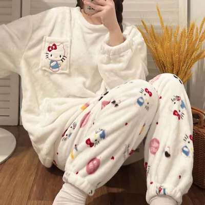 Buy Ladies Flannel Pajamas Suits Cute Cartoon Pullover Ins Style Loose Thick Coral • 21.59£