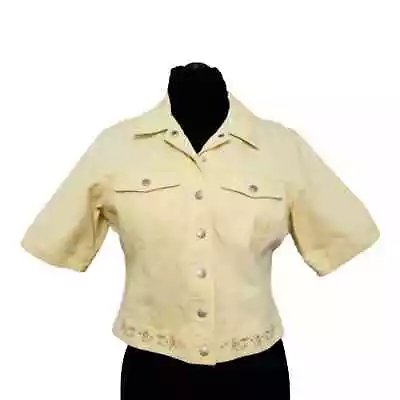 Buy Susan Bristol Half Sleeve Snap Front Embroidered Yellow Denim Crop Jean Jacket • 23.15£