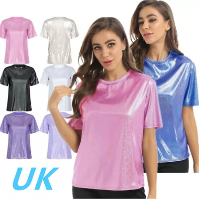 Buy UK Women's Shiny Metallic Short Sleeve Crewneck T-Shirt Sparkle Tops Clubwear • 12.89£