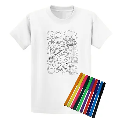 Buy Second Ave Dinosaur White T-Shirt Colour In And Wash Out + 10 Pens Girls Boys • 9.95£