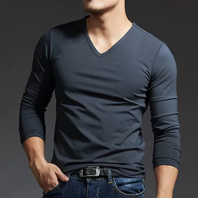Buy T-Shirt - Casual Long Sleeve V-Necked Plain Cotton Tee Men's • 11.99£