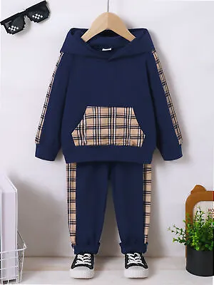 Buy Kids Tartan Hoodies Sweatershirt  Tracksuit Boys Casual Tops Pants Outfits Sets • 10.49£