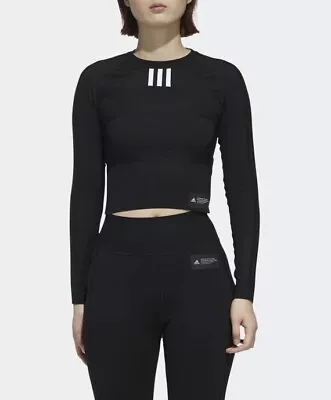 Buy Adidas Women’s Primeknit Fine Long Sleeve Athletic Top Cropped NWT $90 Black • 70.19£