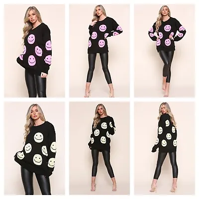 Buy Women's Ladies Christmas Oversize Knitted Sweater Smiley Faces Baggy Warm Jumper • 16.99£