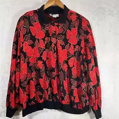 Buy Vintage Pullover Sweater 3X Red Black Gold Floral Collared Waist Band Button USA • 28.74£