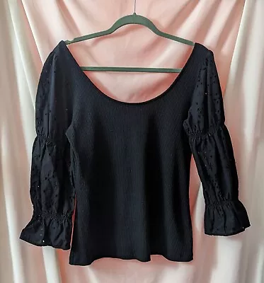 Buy NWT WHO WHAT WEAR 3/4 Puff Eyelet Sleeve Top Large Black Ribbed Cotton Goth • 17.85£