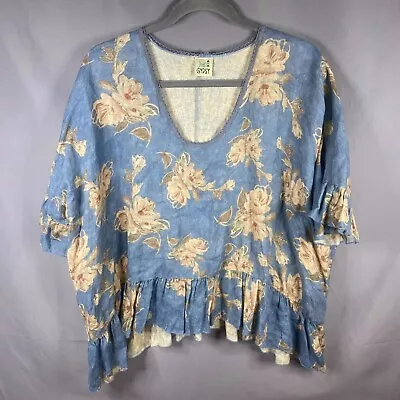 Buy Jaded Gypsy Top One Size Blue Linen Oversized Floral Boho Artsy Lagenlook  Shirt • 76.83£