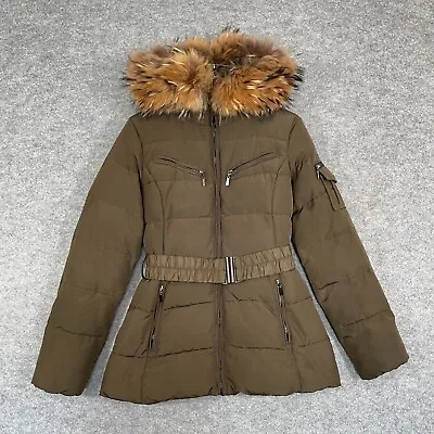 Buy ATTENTIF Paris Puffer Jacket Size Medium Womens Green Khaki Real Fur Hood Luxury • 64.99£