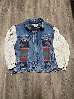 Buy Vintage Aztec Southwestern Ash Creek Trading XL Denim Jacket Jersey Sleeves Hood • 30.87£