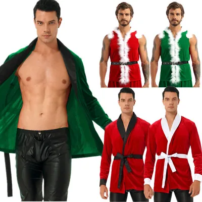 Buy Men Christmas Velvet Costume Smoking Robe Jacket Vest With Belt Fancy Dress Ups • 10.91£