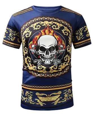 Buy MENS PREMIERE Casual SLIM FIT SHORT SLEEVE SHIRT BLUE FLAME SKULL NEW NWT 204 • 22.55£