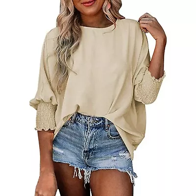 Buy Women's Casual Mid Sleeve Round Neck Solid Elastic Ruffle Cuff T Shirt Top • 22.32£