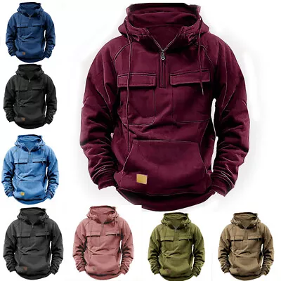 Buy Mens Cargo Hoodies Tops Casual Baggy Combat Pocket Hooded Sweatshirt Outdoor UK • 16.89£