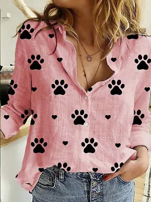 Buy Pink Paw Print Shirts Button Lapel Cardigan Top Lady Loose Long Sleeve • 27.46£